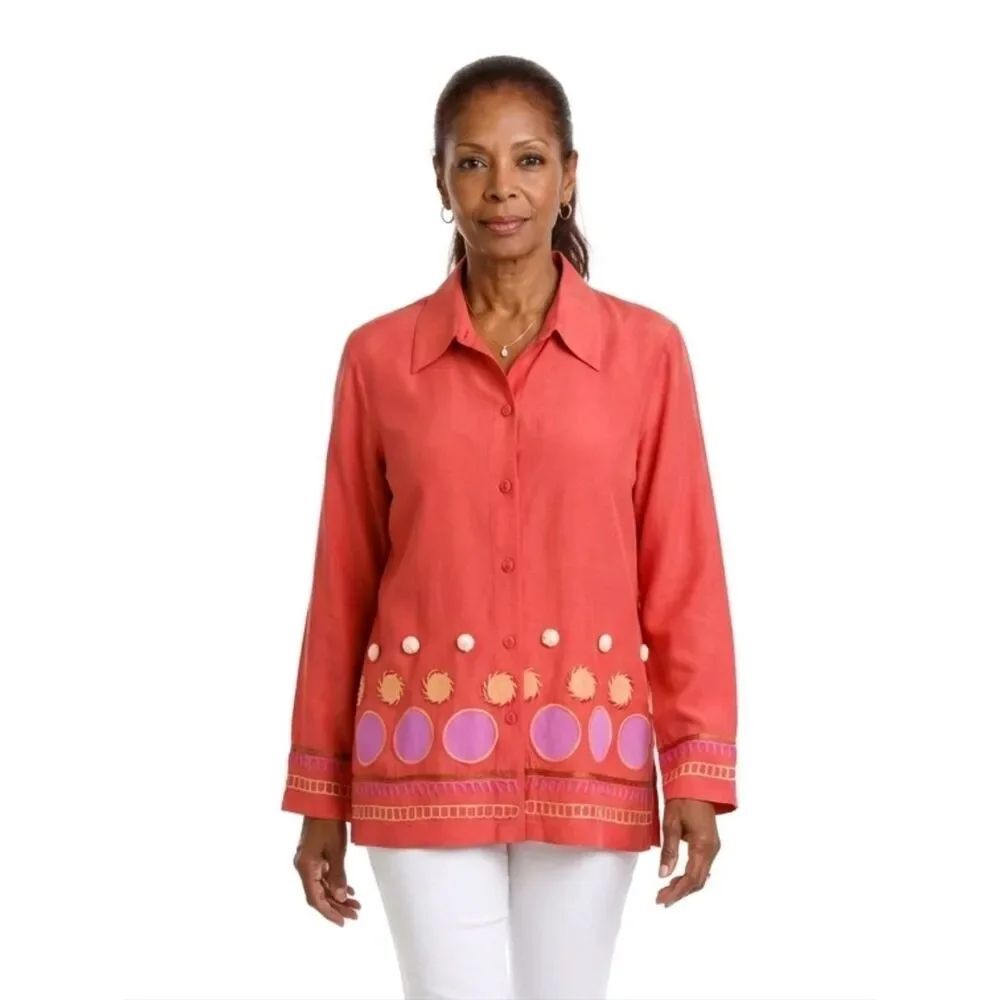 Silk Lore by Beth Terrell Silk/Linen Orange Embroidered Long Sleeve Blazer L